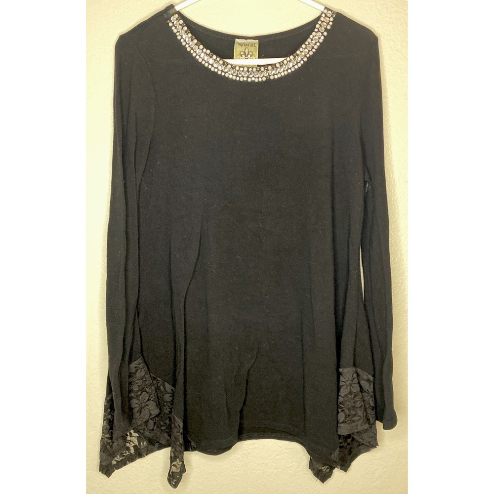 Y2K Vintage Vocal Rhinestone Embellished Black Lace Trim Tunic XL